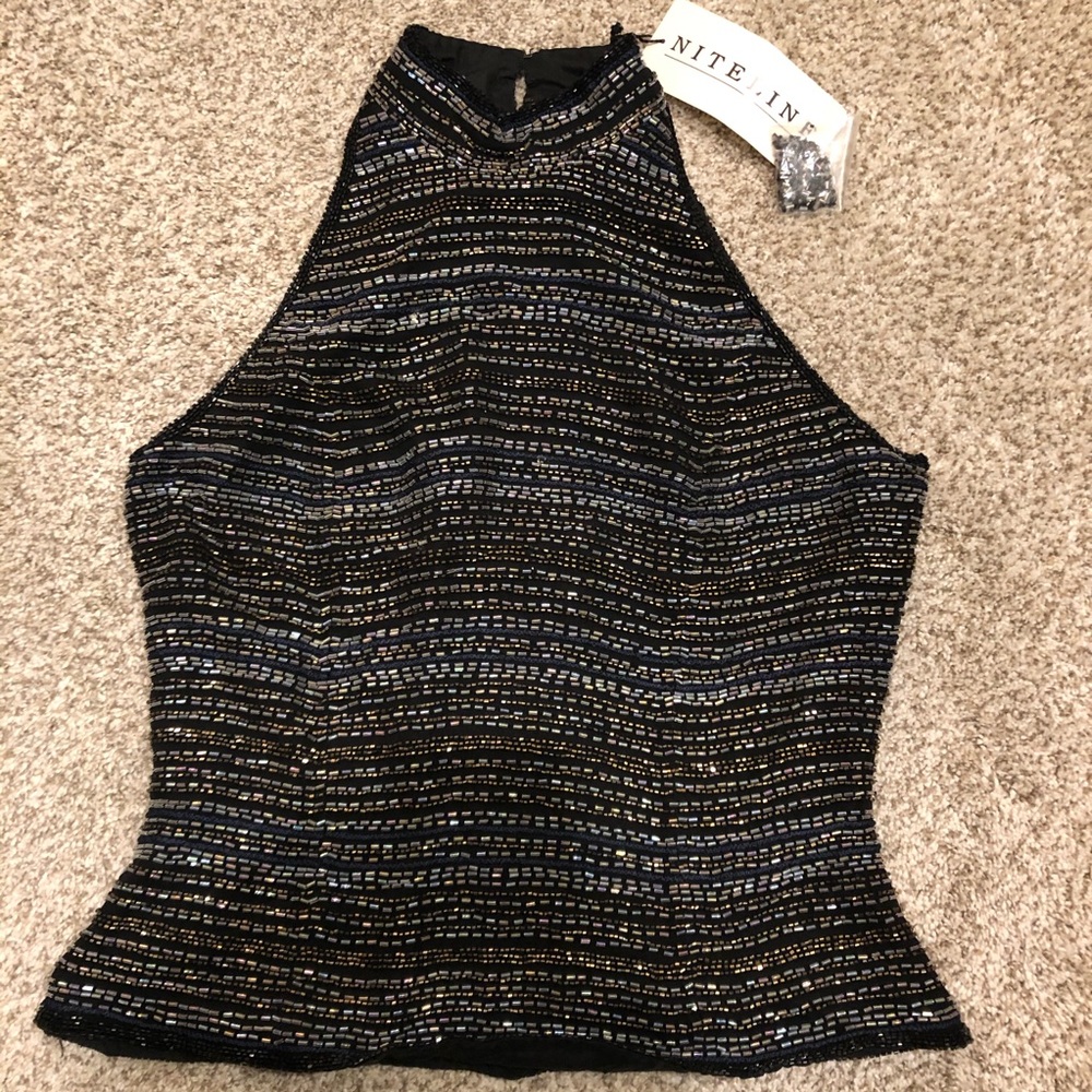 VTG Beaded silk halter crop peplum top M 90s y2k